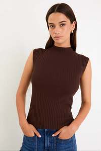 Heroic Chocolate Sleeveless Funnel Neck Rib Knit Top