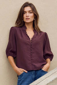 All Tops: Continuance Chocolate Semi Sheer High Neck Buttoned Short Sleeve Top
