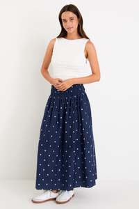 Womenswear: Wanderlust Navy Polka Dot Shirred Waist Maxi Skirt
