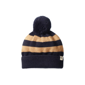 Alpine Pom Pom Beanie - Navy/ Caramel Stripe