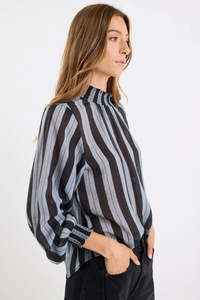All Tops: Embrace Grey Stripe Shirred Neck LS Top