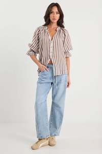 Noetic Chocolate Stripe Short Sleeve Blouse