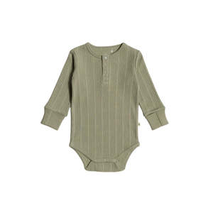 Woolbabe Merino/Organic Cotton Long Sleeve Henley Bodysuit - Flax Marl