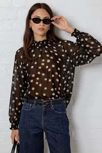 Emphatic Black Polka Dot Georgette High Neck LS Top