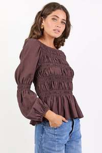 Required Chocolate LS Shirred Bodice Top