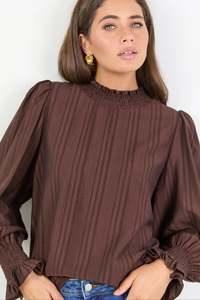 Embrace Chocolate Self Stripe Shirred Neck LS Top