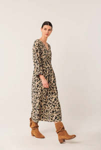 V Neck Dress - Beige Print