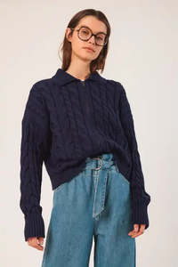 Knitwear: Cotton Cable Knit Jacket - Marino