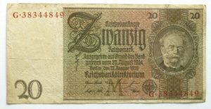 Products: Germany 20 Reichsmark 1929 - colonialcollectables buying and selling coins medals banknotes Colonial Collectables.com