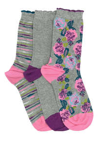 Products: Women's Floral Stripe Cotton Crew 3 Pair Pack Columbine