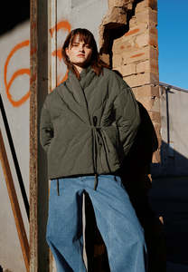 QUILTED WRAP JACKET, OLIVE GREY