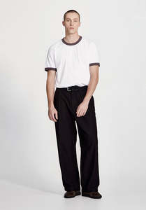 Mens Linen: WIDE LEG PLEATED TROUSER, BLACK