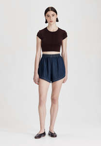 Womens Linen: BOYFRIEND SHORT, DARK CHAMBRAY