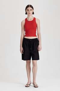 FINE RIB RACER BACK, RED WITH COCOA STRIPE