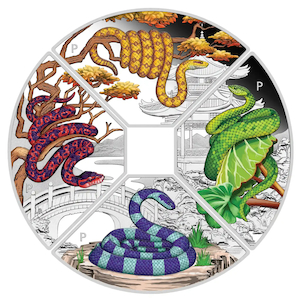 Numismatic Coins - View our collections: 2025 Year of the Snake Quadrant – 1oz Silver Proof Coloured Four-Coin Set