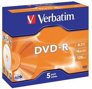 Dvds: Verbatim DVD-R 4.7GB 16x 5 Pack with Jewel Cases