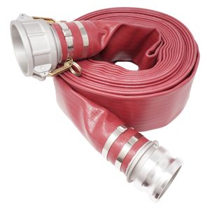 Hose: FoxHose 100 mm (4 inch) red lay flat hose and camlock coupling kit 10.5 bar (150 psi) - all lengths