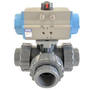 Plumbing Ball Valves: Ketta BLP3SR series 3-way UPVC air operated ball valve (spring return) BSP(F) ports 10 bar (145 psi) - all sizes