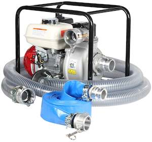 Trash Pumps Engine Driven: Honda Powered 2 inch BSP(M) semi-trash pump with 50 m layflat hose and camlock fittings kit 520 lpm 32 m head