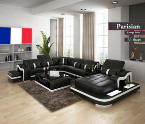 Parisian Sofa Set | U-Shaped with Chaise, Side Table & Stool (Black, White, Brow&hellip;