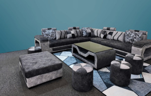 L Shaped Lounge Suites Corner Sofas Nz: 7 Seater Scandinavian Sofa Set | Ottoman, Foot Stools & Table (Grey & Brown)