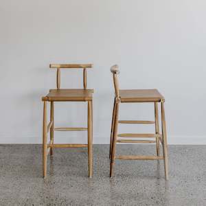 Set of Two Zanzi Bar Stools (tan leather, natural teak)