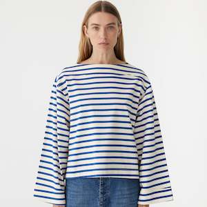 Bassike / Stripe Boatneck Long Sleeve T-Shirt / Natural + Cobalt