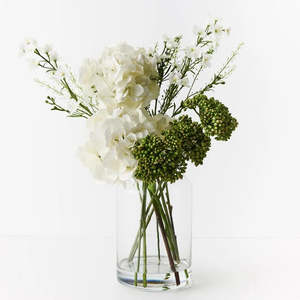 Outdoor: Hydrangea Larkspur Arrangement / Tall Glass Vase /