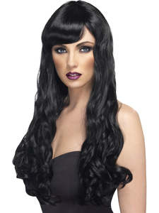 Desire Long Curly Wig with Fringe for Adults - Black