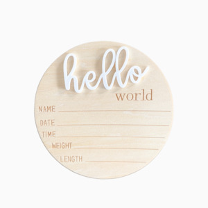 New Arrivals: 'Hello World' Wooden Baby Birth Announcement Disc