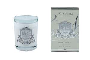 450 G: ** CLEARANCE ** Cote Noire 450 Candle - White Vessel with Silver Badge - Winter in the Chateau