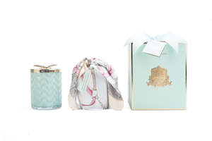 Herringbone Candles: Cote Noire Persian Lime scented Herringbone Candle with Scarf - Tiffany Blue & Gold - Butterfly Brooch