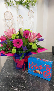 Pink & Purple Florist Choice Box with Chocolates CountryGardenFlowers