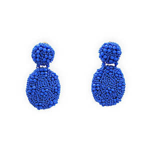 Royal Blue Beaded Cluster Oval Drop Earrings