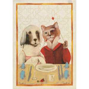 8th Anniversary Bronze And Linen Lace: Linen Tea Towel | Dog and Cat