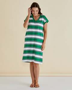 BETTY BASICS ZENA T-SHIRT DRESS - NAVY/GREEN STRIPE