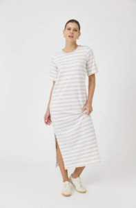 EB & IVE STUDIO STRIPE T-SHIRT DRESS - STONE - 2593801