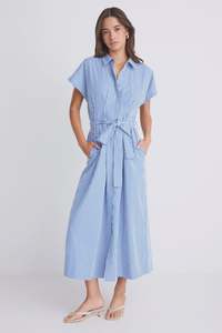AMONG THE BRAVE CAMDEN MIDI SHIRT DRESS - BRIGHT BLUE STRIPE