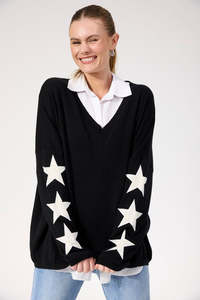 Haven: HAVEN VERMONT STAR V NECK JUMPER - BLACK
