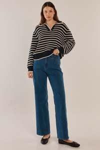 Betty Basics: BETTY BASICS ABERDEEN POLO KNIT SWEAT - NAVY STRIPE
