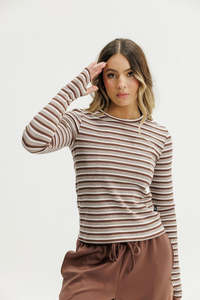Elwood: ROSE ROAD JACKSON LONG SLEEVE - COCOA STRIPES