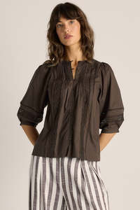 FATE + BECKER FREYA LACE TRIM BLOUSE - CHOCOLATE