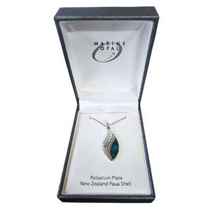 Jewellery: Paua & Palladium Filigree Spiral Leaf Pendant