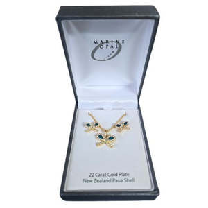 Paua & Crystal Gold Plate Bows Pendant & Earring Set