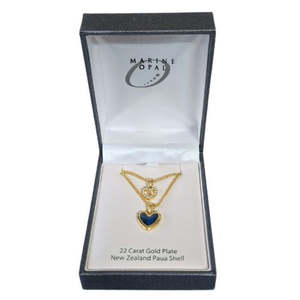 Jewellery: Paua & Crystal Gold Plate Two Hearts Pendant