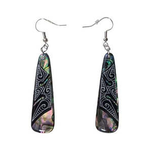 Jewellery: Paua Drop Earrings with Koru Tattoo Design - 50mm