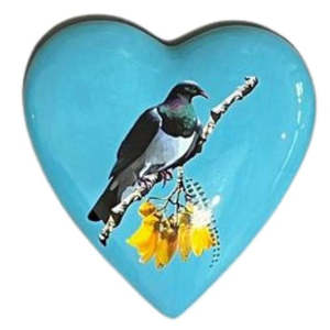 Kiwiana: Native Bird Ceramic Heart - Kereru on Kowhai