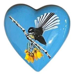 Kiwiana: Native Bird Ceramic Heart - Fantail on Kowhai