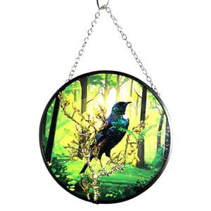 Kiwiana: Native Bird Glass Sun Catcher - Tui on Kowhai