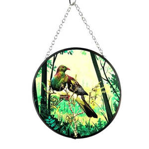 Native Bird Glass Sun Catcher - Kereru on Kowhai
